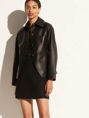 Vince Cinched Black Leather Shirt Jacket